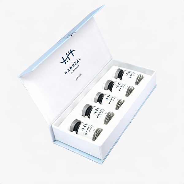 Open Hanheal HA Ampoule box showing 5 vials with 5ml clear liquid