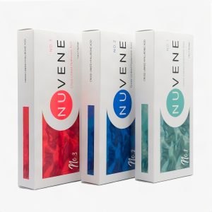 NUVENE premium dermal filler no.1, no.2 and no.3 side-by-side in fan layout